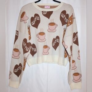 Pink Lily Cream And Brown Coffee And Hearts Sweater. Medium. NWOT.